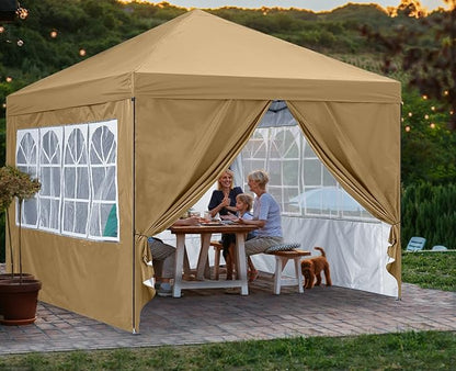 COOSHADE 10X10Ft Pop up Canopy Tent Enclosed Instant Folding Canopy Shelter with Elegant Church Window Outdoor Pavilion Cater Party Wedding BBQ Events Tent(Beige)