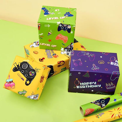 WERNNSAI Gaming Wrapping Paper Rolls - 3 Short Rolls 17 in x 120 in Video Game Wrapping Paper for Kids Boys Birthday Gamer Theme Party Decorative Gift Packing Paper Supply Green Yellow Purplewith Cut Lines
