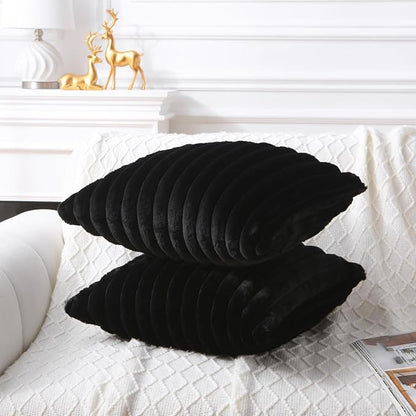 Decorative Throw Pillow with Inserts, Set of 2 Soft Faux Fur Throw Pillows, Square Boho Striped Pillow for Couch, Bed, Sofa Decor(Black, 18" x 18")