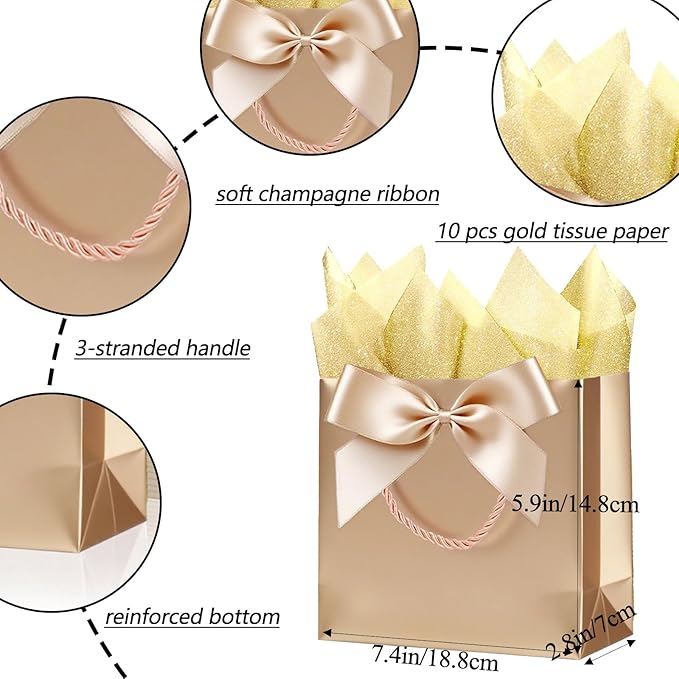 SHIPKEY 10PCS Champagne Gift Bags, 7.4"x2.8"x5.9" Small Welcome Bags, Luxury Shopping Bag with Ribbon Handle and Bows (18.8x7x14.8cm)