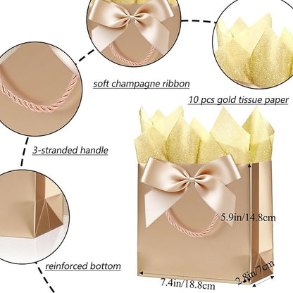 SHIPKEY 10PCS Champagne Gift Bags, 7.4"x2.8"x5.9" Small Welcome Bags, Luxury Shopping Bag with Ribbon Handle and Bows (18.8x7x14.8cm)