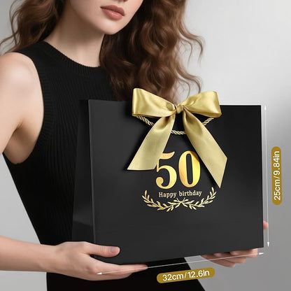 JMANNI Black Gold 50th Birthday Gift Bag with Card and Tissue Paper, 12.6"×9.84"×3.9" Elegant Present Bag for Men Women, 50 Year Old Birthday Keepsake Party Supplies