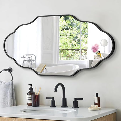 Scalloped Mirror for Bathroom - 24"x36" Black Bathroom Mirror with Aviation Aluminum Alloy Frame & Shatter-Proof Glass for Living Room Bedroom Entryway, Brushed Black Frame(x1)