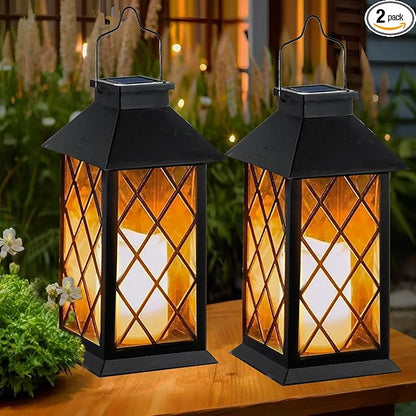 Solar Lanterns Outdoor Waterproof, 2 Pack 9" Glass Hanging Solar Lights with Flickering Flameless Candle, Outdoor Lanterns for Patio Wall Porch Table Garden Tree, Gift for Women Mom - Black