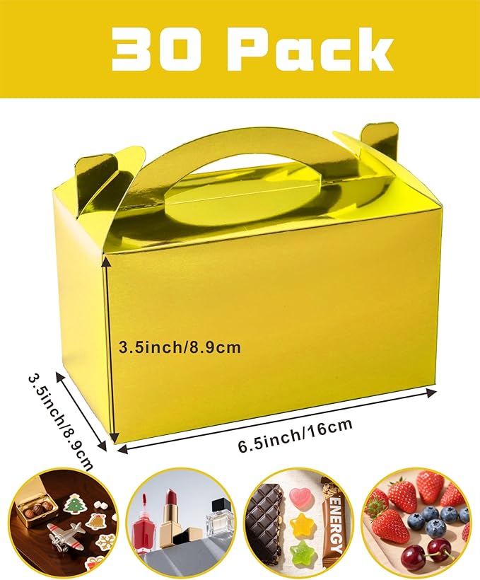 30-Pack Metallic Gold Gable Treat Boxes with Handles, 6" Pop-Up Party Favor Gift Boxes for Birthday, Wedding, Baby Shower, Eco-Friendly Candy,Cookie, Goodie Bags for Kids, Bachelorette Decor