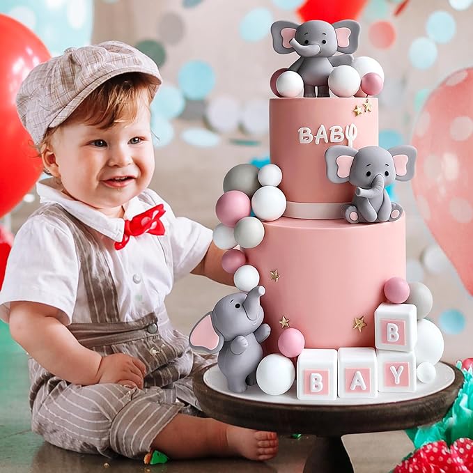 28pcs Elephant Cake Topper Balls Cake Decorations DIY Cake Topper for Boy Girl Birthday Party Decorations (Pink)