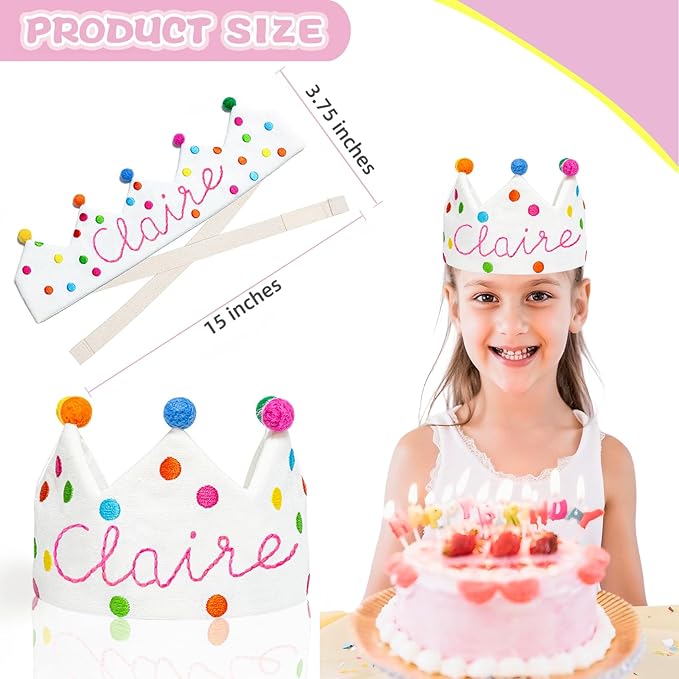 Personalized Hand Embroidered Crown Custom 1st First Birthday Crown Hats For Baby Kid Birthdays Fit All Ages