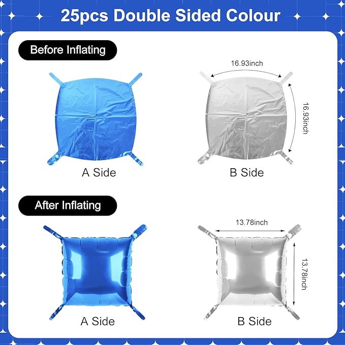 Blue and Silver Square Foil Balloons 25 Pcs Metallic Blue and Silver Balloons Wall Backdrop for New Year Graduation Birthday Bridal Shower Party Arch Backdrop Decorations