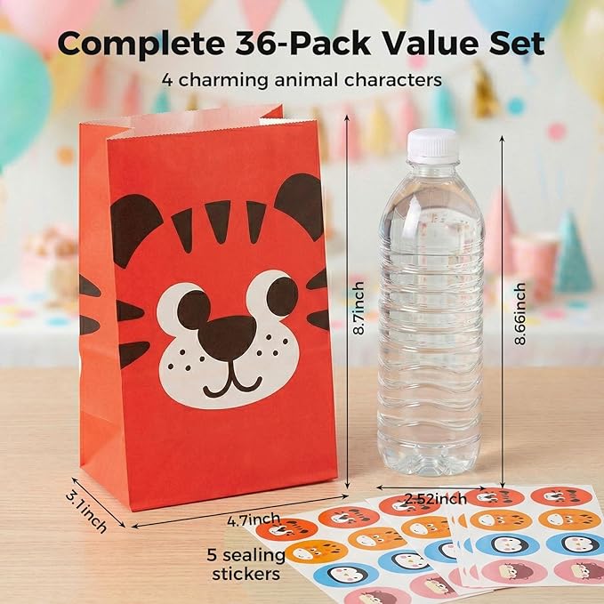 VGOODALL 36 Pack Animal Party Favor Bags with Stickers - 8.7"x4.7"x3.1" Jungle Safari Paper Goodie Bags, 4 Cute Animal Designs for Kids Birthday, Classroom Rewards, Baby Shower & Gift Packaging