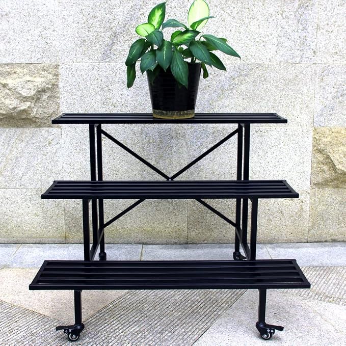 Zhongma 3 Tier Sturdy Metal Plant Stand with Wheels, L35.43 x W26 x H26 inch, Heavy Duty Plant Holder for Home Indoor and Outdoor, 660 LBS Capacity & Heavy Duty Construction