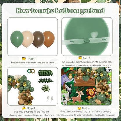 PERPAOL 140 pcs Jungle Safari Balloon Garland Kit, Sage Green Brown Safari Wild One Balloon Arch with Animal Print Balloons Palm Leaves for Wedding Woodland Tropical Birthday Shower Decorations