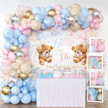Bear Gender Reveal Balloon Boxes Decorations - 158pcs Pink Blue Balloon Garland Kit, 4pcs Baby Box With Letters, Backdrop for Baby Shower, Boy or Girl Party Supplies