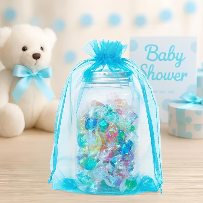 ANZNKU 100 Pack Organza Bags 6x9 Inch, Mesh Bag Drawstring Jewelry Pouches, Large Organza Gift Bags for Easter Party Favor, Baby Shower(Lake Blue)