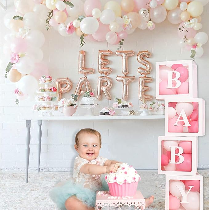 Baby Shower Boxes Party Decorations – 4 pcs Transparent Balloons Boxes Décor with Letters Baby Blocks Design for Baby Shower Gender Reveal Backdrop