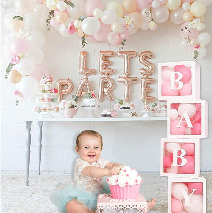 Baby Shower Boxes Party Decorations – 4 pcs Transparent Balloons Boxes Décor with Letters Baby Blocks Design for Baby Shower Gender Reveal Backdrop