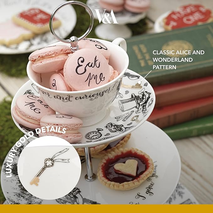 V&A Alice in Wonderland 3 Tier Cake Stand Serving Set, Cake Standing Set, Gift Boxed, White