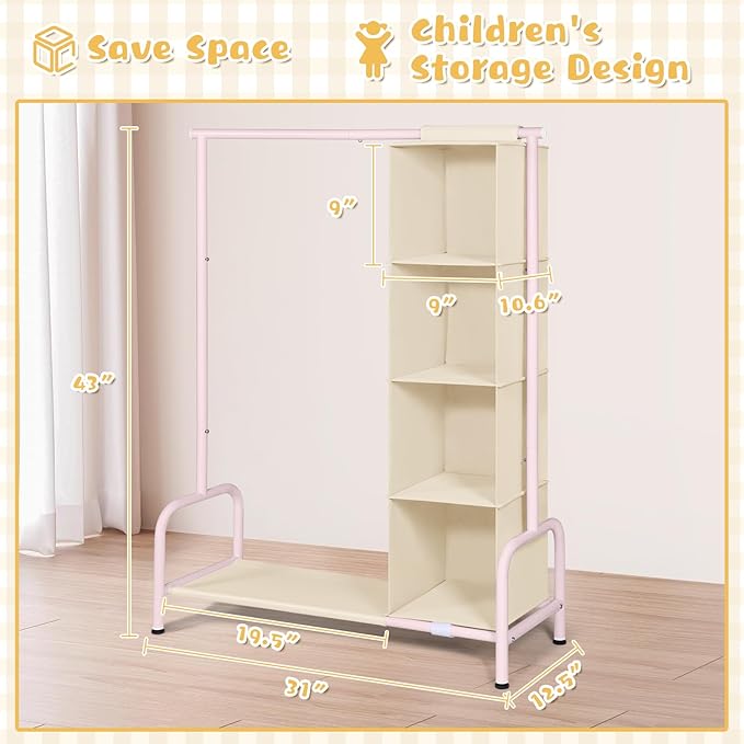 Univivi Kids Clothing Rack with Hanging Organizer, Short Toddler Dress Up Storage Rack for Hanging Clothes, Kids Wardrobe Closet for Baby Clothes, Dance Costumes, Pink/Beige