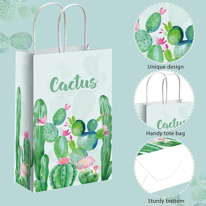 gisgfim 12 Pieces Cactus Party Favor Bags Cactus Theme Birthday Goodie Treat Paper Bags Boho Floral Party Supplies Decorations for Baby Shower Birthday Gifts
