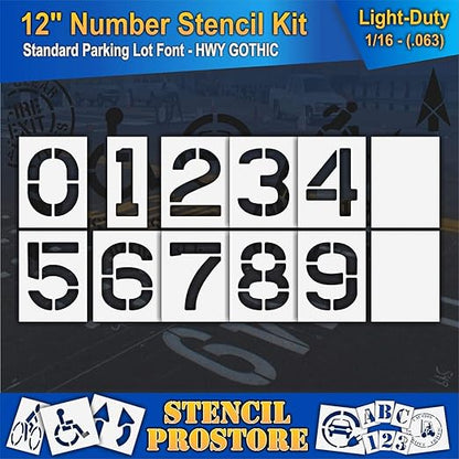 Pavement Stencils - 12 inch Number KIT Stencil Set - (12 Piece) - 12" x 9" x 1/16" (63 mil) - Light-Duty