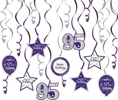 Happy 95th Birthday Purple & Silver Glitter Swirls Streamers Party Decorations - 15 Pcs 95th Birthday Hanging Swirls Streamers Kit,Perfect for 95th Bday Party Sign.