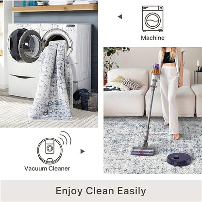 3x5 Rug, Small Area Rug for Living Room, Bedroom, Kitchen, Machine Washable Non-Slip Throw Rug, Vintage Distressed Floral Carpet for Entryway Nursery Dinner Room - Durable (Blue)