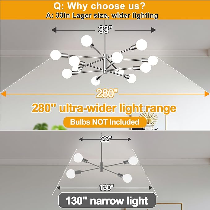 10.9"-52.3" Height Adjustable Modern Chandelier Ceiling Light Fixture, 12-Light Sputnik Chandeliers Chrome Mid Century Chandelier Over Table, Chandeliers for Dining Room Living Room Kitchen Hallway