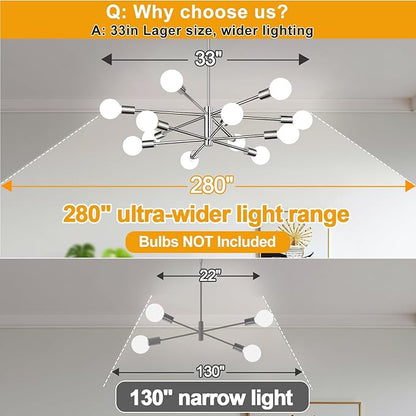 10.9"-52.3" Height Adjustable Modern Chandelier Ceiling Light Fixture, 12-Light Sputnik Chandeliers Chrome Mid Century Chandelier Over Table, Chandeliers for Dining Room Living Room Kitchen Hallway