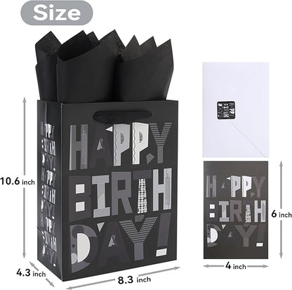 wishinside 2-Pack 10.6” Medium Black Happy Birthday Gift Bag Set with Greeting Cards and Tissue Papers for Men Boys Kids Teens, Cartoon Birthday Design, 2 Pcs