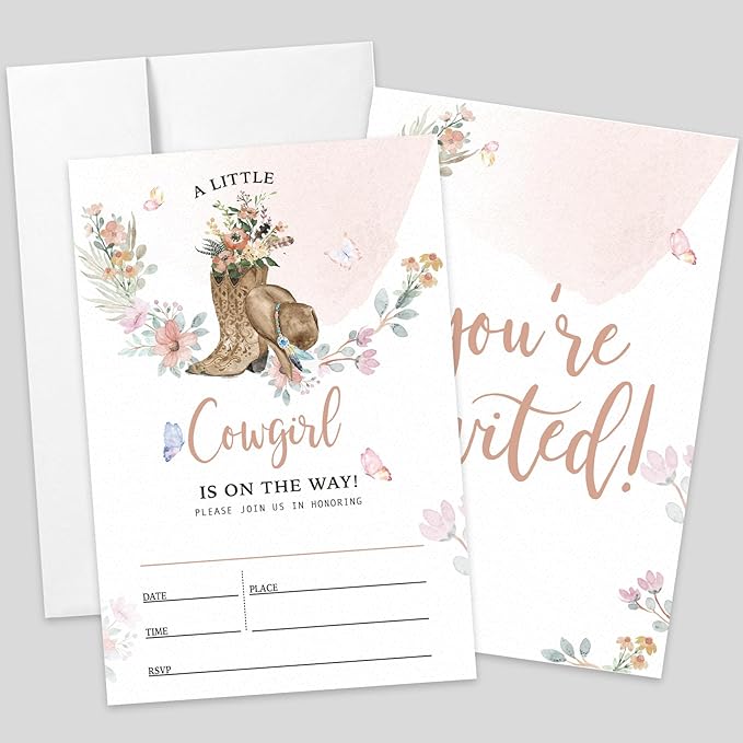AEHIE 20 Sets Baby Shower Shaped Fill-In Invitations With Envelopes, A Little Is On The Way Party Invitations Invite Cards for Baby Girls West, Western Newborn Invites