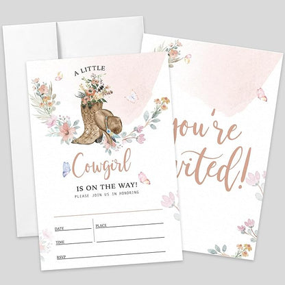AEHIE 20 Sets Baby Shower Shaped Fill-In Invitations With Envelopes, A Little Is On The Way Party Invitations Invite Cards for Baby Girls West, Western Newborn Invites
