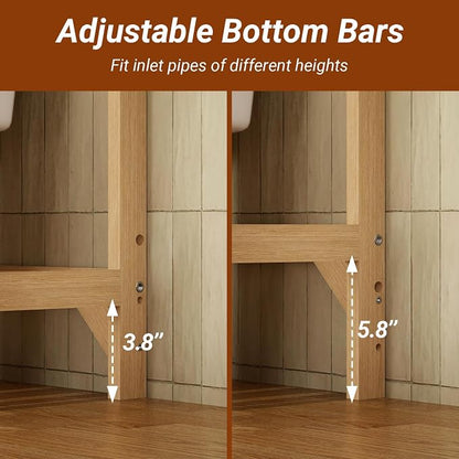 Over the Toilet Shelf, 3-Tier Over Toilet Storage Cabinet with Adjustable Shelves and 4 Hooks, Freestanding Wood Bathroom Organizer Space Saver for Small Bathrooms, Oak