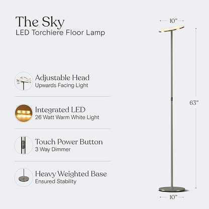 Brightech Sky LED Floor lamp, Torchiere Super Bright Floor Lamp for Living Room Decor & Office - Dimmable, Tall Standing Lamp with Warm Light for Bedroom & Reading - Brushed Nickel