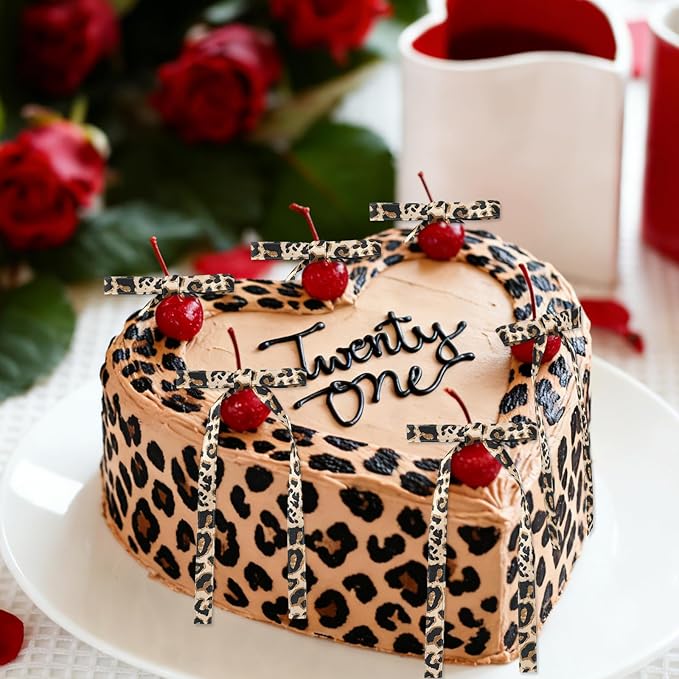 FYSUIMU 20Pcs Cheetah Print Bow Cake Toppers Cake Decorations Retro Chic Leopard Dessert Bowknot Ribbon for Girls Women Birthday Party Decor Supplies