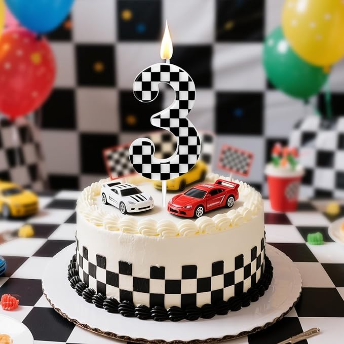 Racing Car Themed Birthday Candles, Number 3 Checkered Candles, Black & White Checkered Cake Topper, Cool Racing Themed Party Supplies, Special Candle