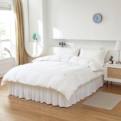 MEILA Wrap Around Bed Skirt Three Fabric Sides Elastic Dust Ruffled 24 Inch Tailored Drop,Easy to Install Fade Resistant-Natural White, Queen/King