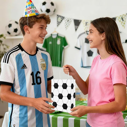 Ethanberg 20Pcs White Soccer Party Favor Bags with Handles, Sports Themed Kraft Paper Gift Bags Candy Snack Bag, Goodie Bag for Sport Team Ball Events Theme Birthday Party Supplies