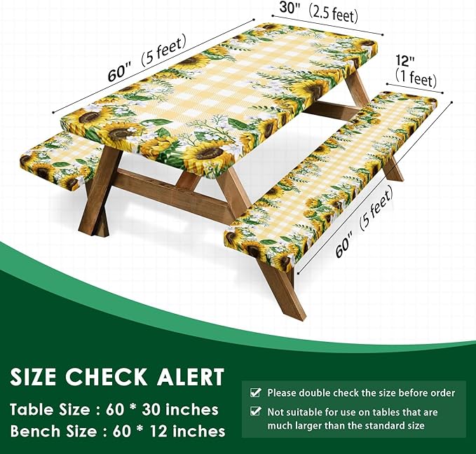 Picnic Table Cover with Bench Covers Elastic Edges, Yellow Fitted Table Cover, Outdoor Patio Camping Essentials 60 Inch 3PCS, Waterproof Camping Fitted Tablecloth with Drawstring Bag