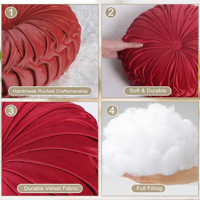 HIG Set of 2 Red Ruched Velvet Round Throw Pillows – 14.5’’ Decorative Pillows with Soft Polyester Filling for Couch, Bed, Living Room, Bedroom, or Dorm – Handmade, Stress Relieving, All-Season