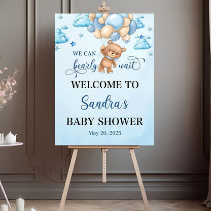 Custom Baby Shower Welcome Sign, Brown Bear Balloon Baby Shower Welcome Sign, We Can Bearly Wait Baby Shower, Blue Bear Baby Shower Decor, Blue Hot Air Balloon Baby Shower Sign