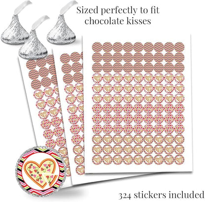 Amanda Creation Cute Heart Shaped Pizza Valentine's Day Birthday Party Sticker Bundle Kit 429 pieces! Includes 2" Circle Stickers for Favors, Mini Candy Bar Wrappers & Round Candy Kiss Stickers