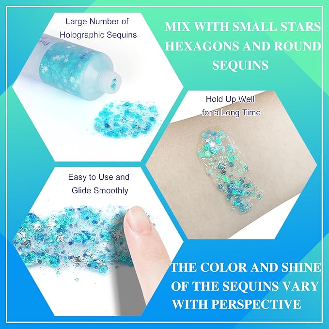 MEICOLY Light Blue Body Glitter,Mermaid Princess Face Glitter Gel,Ice Blue Glitter Face Paint for Halloween,Frozen Birthday Party Decorations,Chunky Glitter for Eye Lip Hair,Festival Rave Glitter Gel