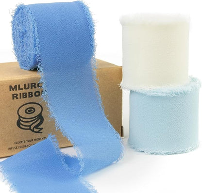 Blue Chiffon Ribbon 1.5 Inch x 21Yds Handmade Fringe Chiffon Silk Ribbon Blue & Cream Frayed Chiffon Ribbon for Baby Shower Wedding Invitation Flower Bouquets Gift Wrapping
