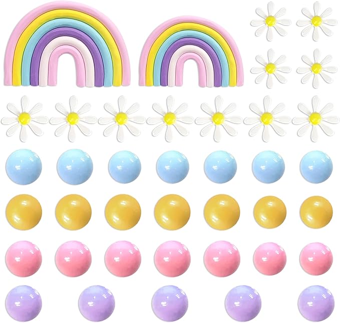 35 PCS Groovy Cake Toppers Boho Cake Topper Hippie Birthday Decorations with Flower Rainbow Balls for Boho Groovy Theme Birthday Supplies