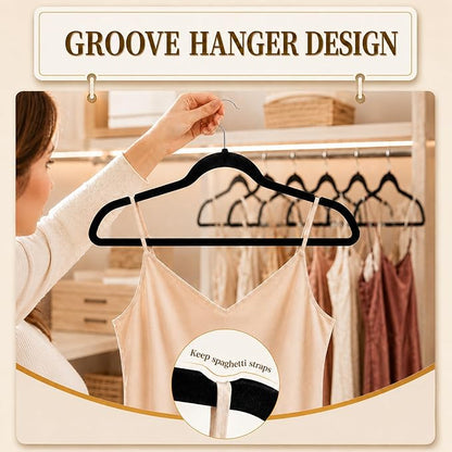 Velvet Hangers 50 Pack, Non Slip Clothes Hangers with Shoulder Notches, Slim Felt Hanger with 360° Swivel Hook, Space-Saving, for Coat, Shirt, Pants, Dress, Suits, Black
