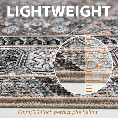 4x6 Area Rugs Beige Brown Washable Rug for Living Room, Bedroom, Dining Room, Large Carpets, Non Slip & Non-Shedding Low Pile Vintage Print Rug for Home Office Decor
