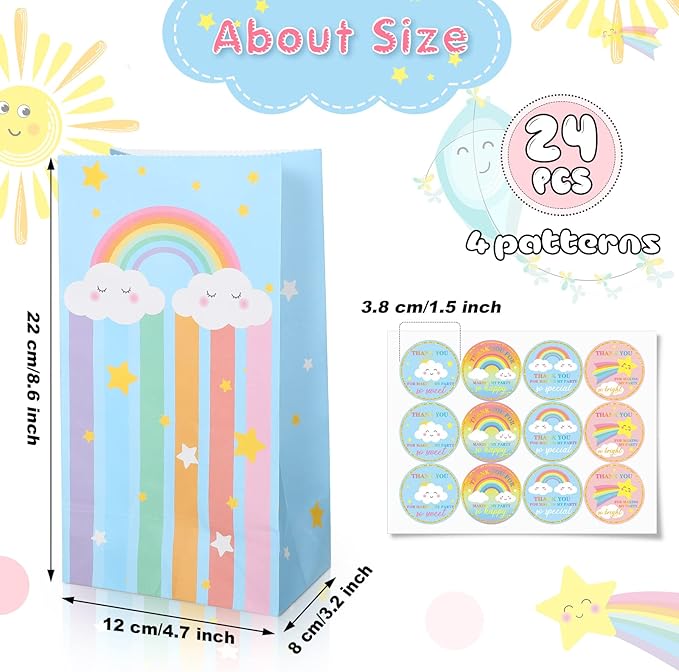 Nezyo 24 Pack Rainbow Goodie Bags with Stickers Rainbow Party Favor Bags, Turquoise, 8.7 x 4.7 x 3.1 Inch Pastel Gift Bag for Birthday Party Favors Candies Snacks Treats Decorations