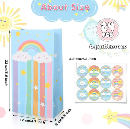 Nezyo 24 Pack Rainbow Goodie Bags with Stickers Rainbow Party Favor Bags, Turquoise, 8.7 x 4.7 x 3.1 Inch Pastel Gift Bag for Birthday Party Favors Candies Snacks Treats Decorations