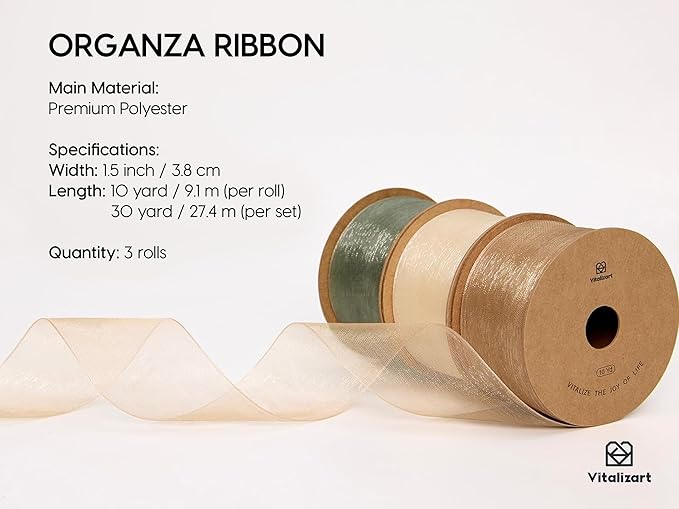 Vitalizart Organza Ribbon 1.5" x 30 Yd Cream White Rose Gold & Dusty Green Sheer Ribbons for Gift Wrapping Crafts Christmas Party Decor Bows Wedding Invitations Wreaths Bouquet