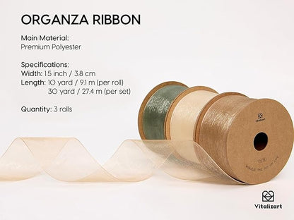 Vitalizart Organza Ribbon 1.5" x 30 Yd Cream White Rose Gold & Dusty Green Sheer Ribbons for Gift Wrapping Crafts Christmas Party Decor Bows Wedding Invitations Wreaths Bouquet