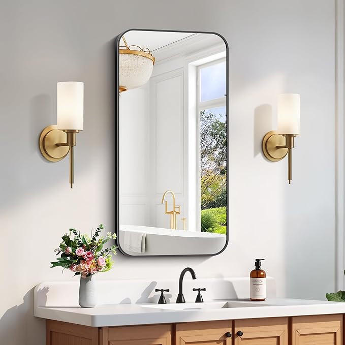 FORBATH Bathroom Mirror 20" x 40", Rectangle Black Bathroom Mirror with Black Aluminum Frame Rounded Corner, Wall Mounted Mirror for Bedroom Entryway Living Room